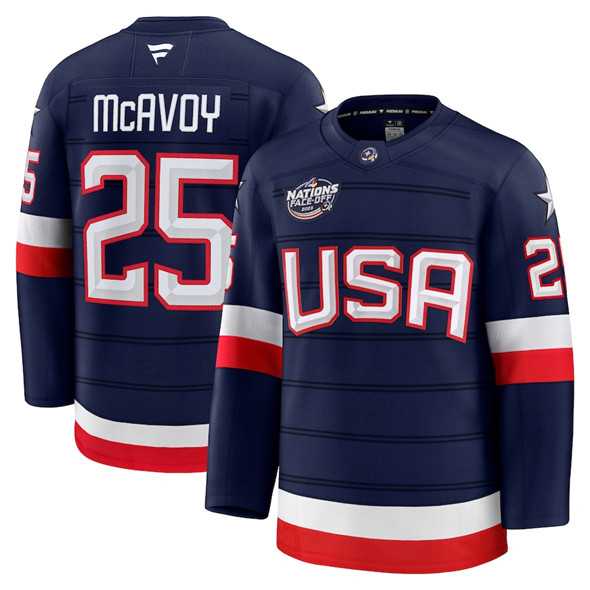 Mens USA #25 Charlie McAvoy Navy 2025 4 Nations Face-Off Stitched Jersey Dzhi